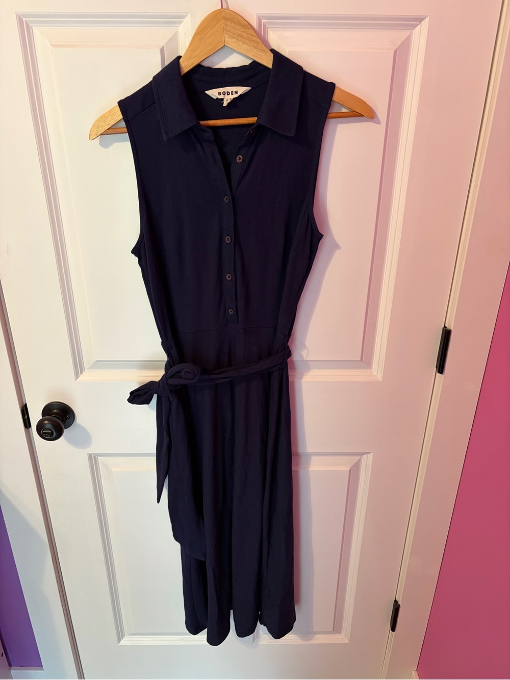 Boden Navy Sleeveless Polo Midi Dress with Tie Waist